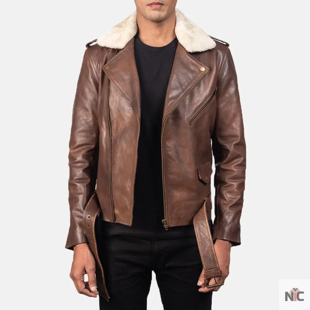 Furton Brown Leather Biker Jacket Shopotiny