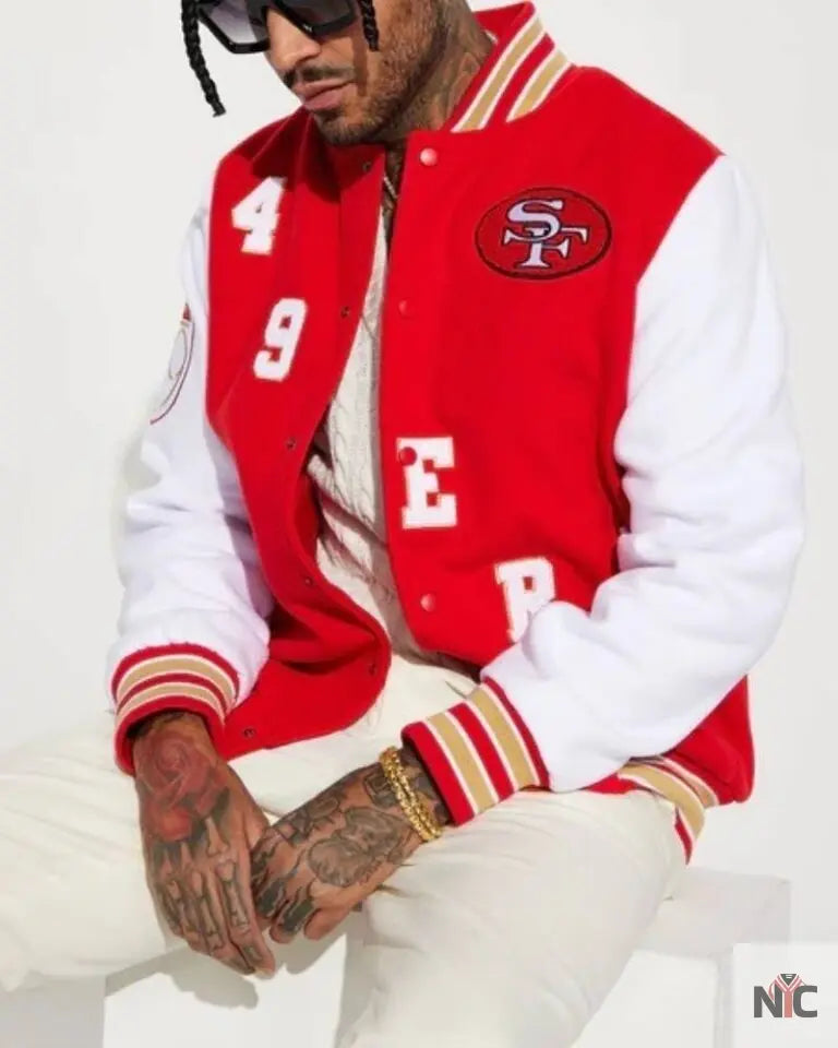 49ers Red & White Wool Varsity Jacket Clanton Jacket