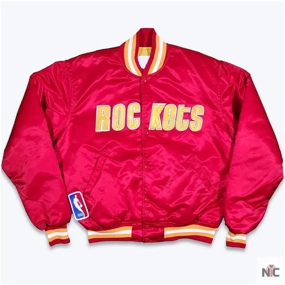 90s Houston Rockets Red Satin Jacket. Clanton Jacket