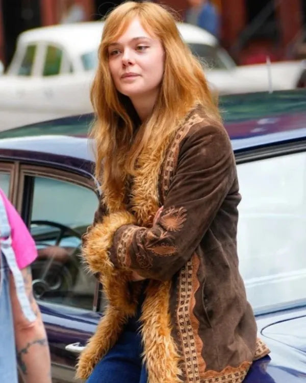 A Complete Unknown 2024 Elle Fanning Suede Fur Jacket