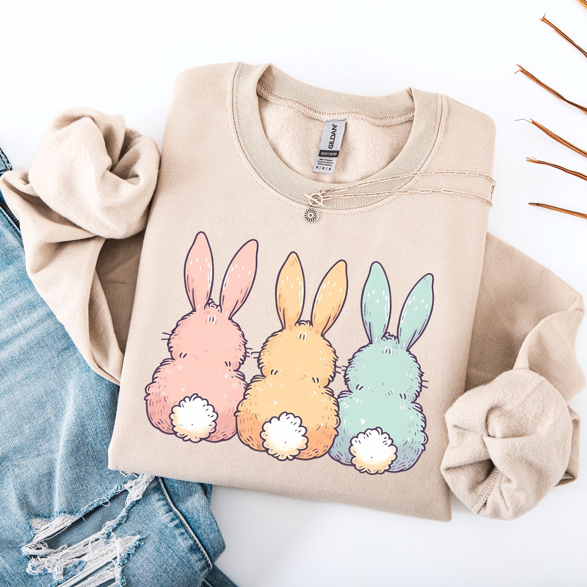 Adorable Bunnies In A Row, Easter, Bunny, Jesus, Rabbit, Holiday Sweatshirt