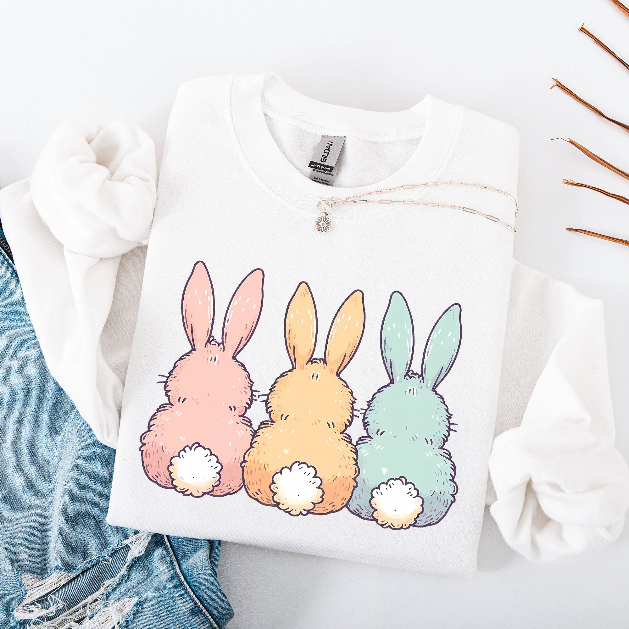 Adorable Bunnies In A Row, Easter, Bunny, Jesus, Rabbit, Holiday Sweatshirt
