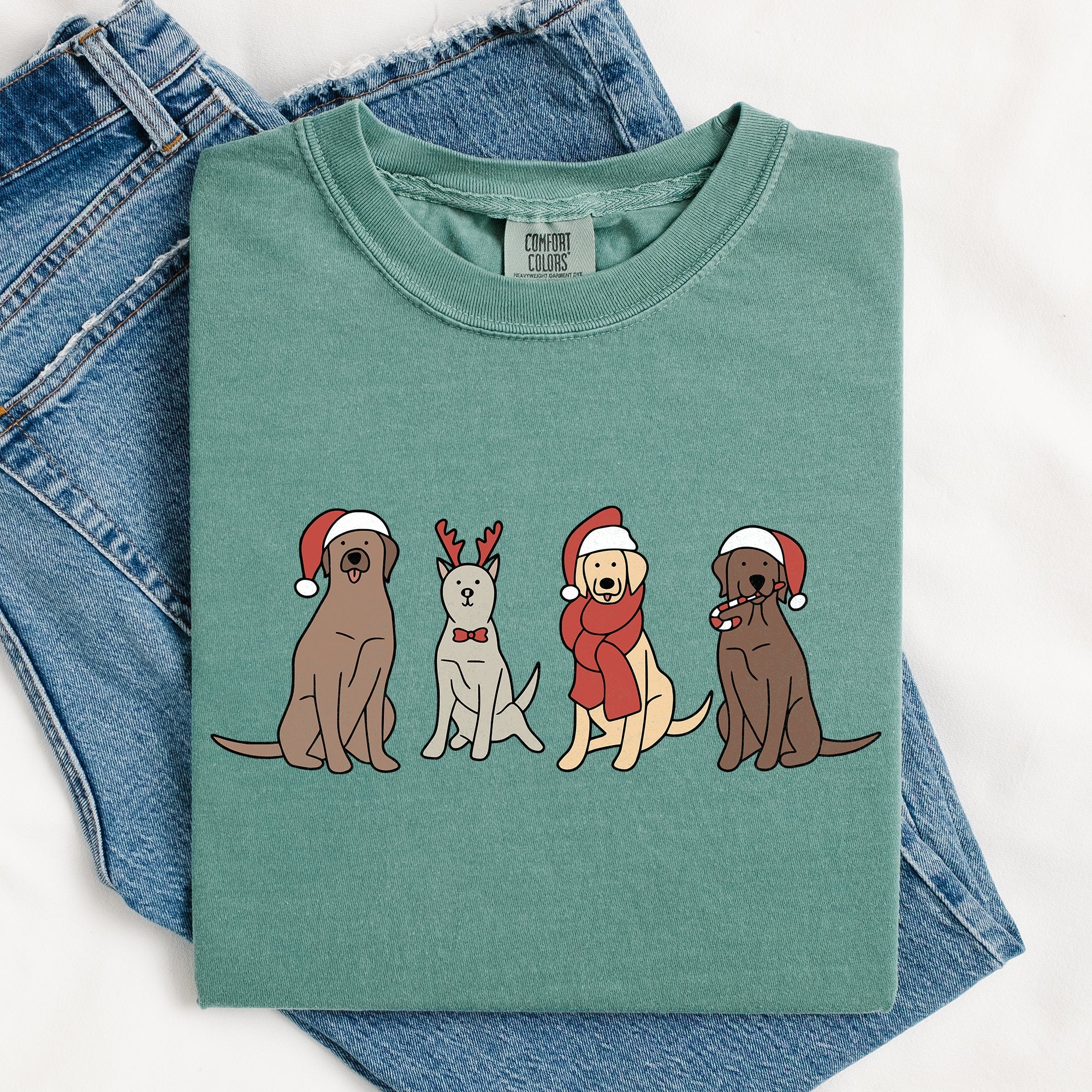 Adorable Christmas Dogs, Reindeer, Santa, Retro, Xmas Tshirt Comfort Colors T-Shirt