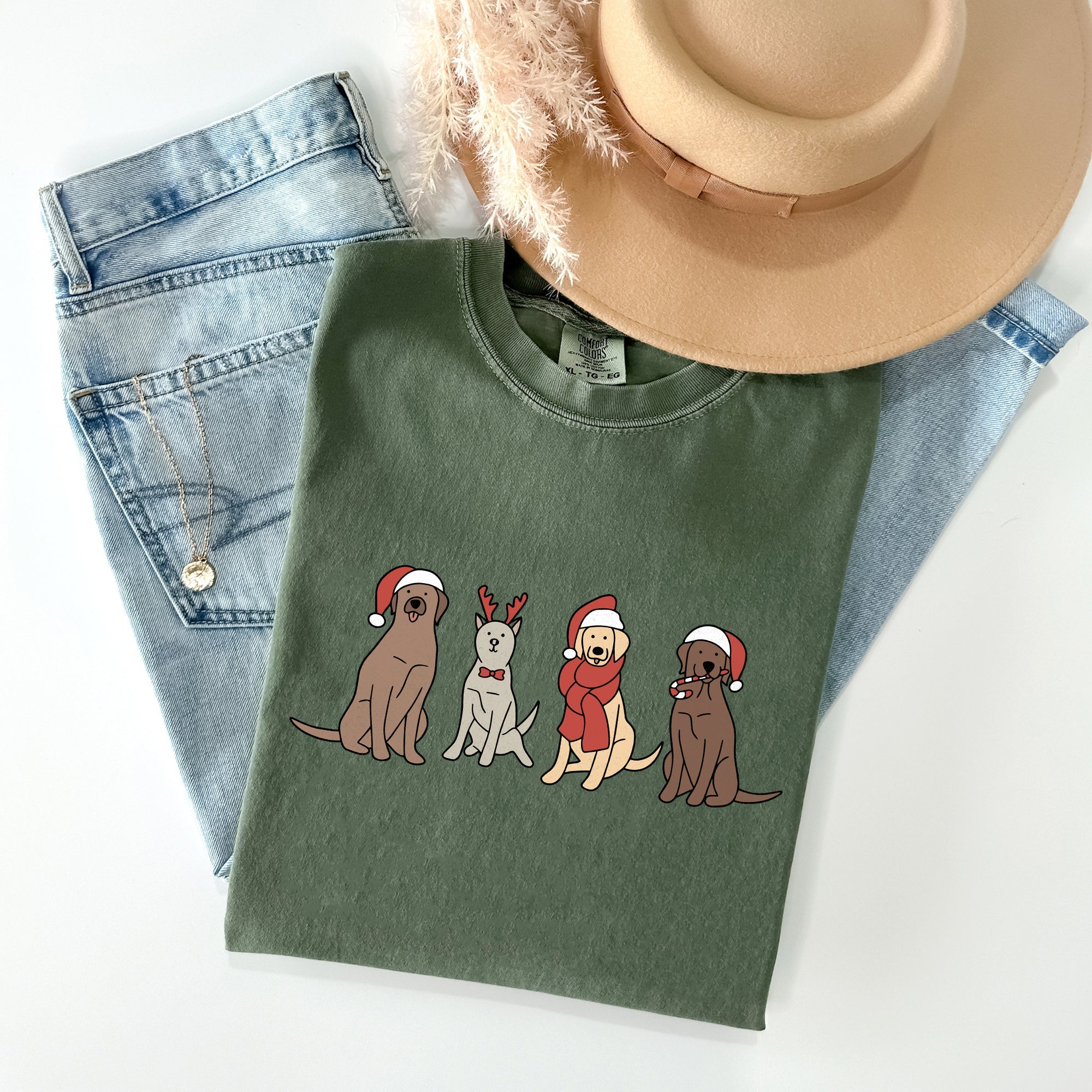 Adorable Christmas Dogs, Reindeer, Santa, Retro, Xmas Tshirt Comfort Colors T-Shirt
