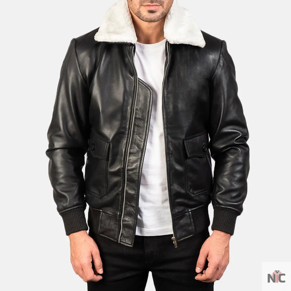 Airin G-1 Black & White Leather Bomber Jacket Shopotiny