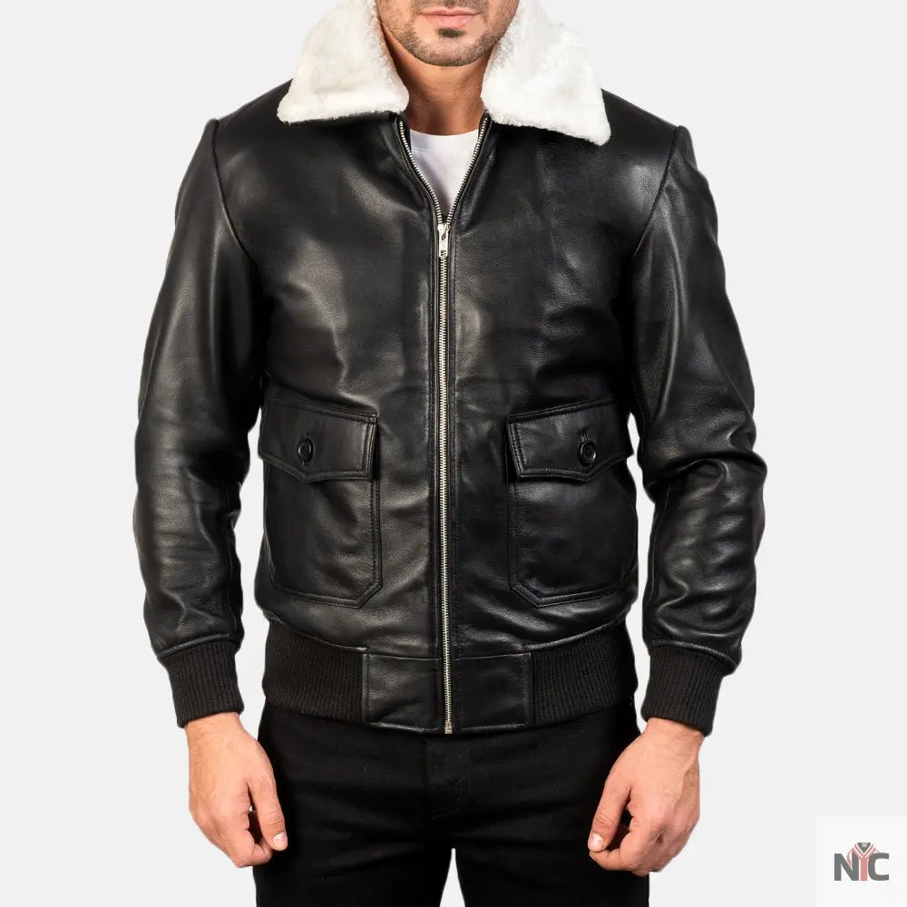 Airin G-1 Black & White Leather Bomber Jacket Shopotiny