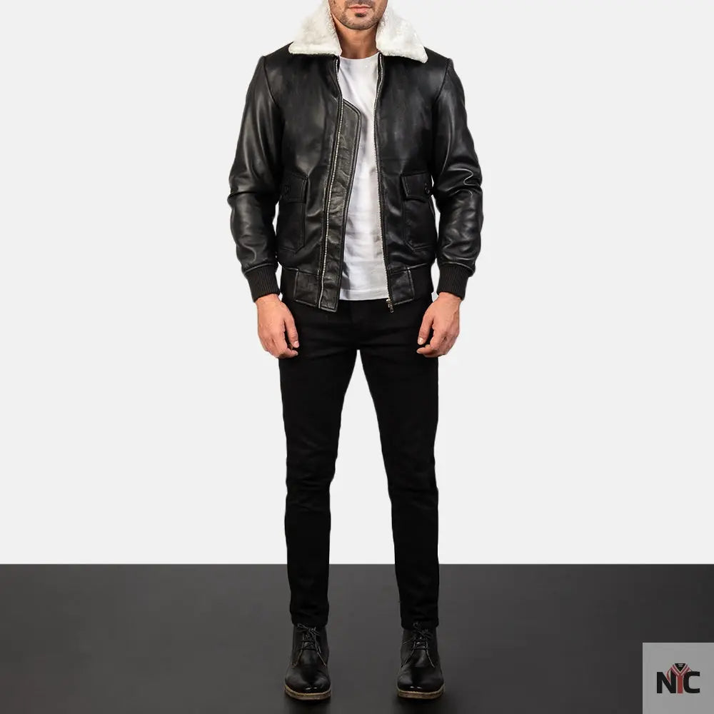 Airin G-1 Black & White Leather Bomber Jacket Shopotiny