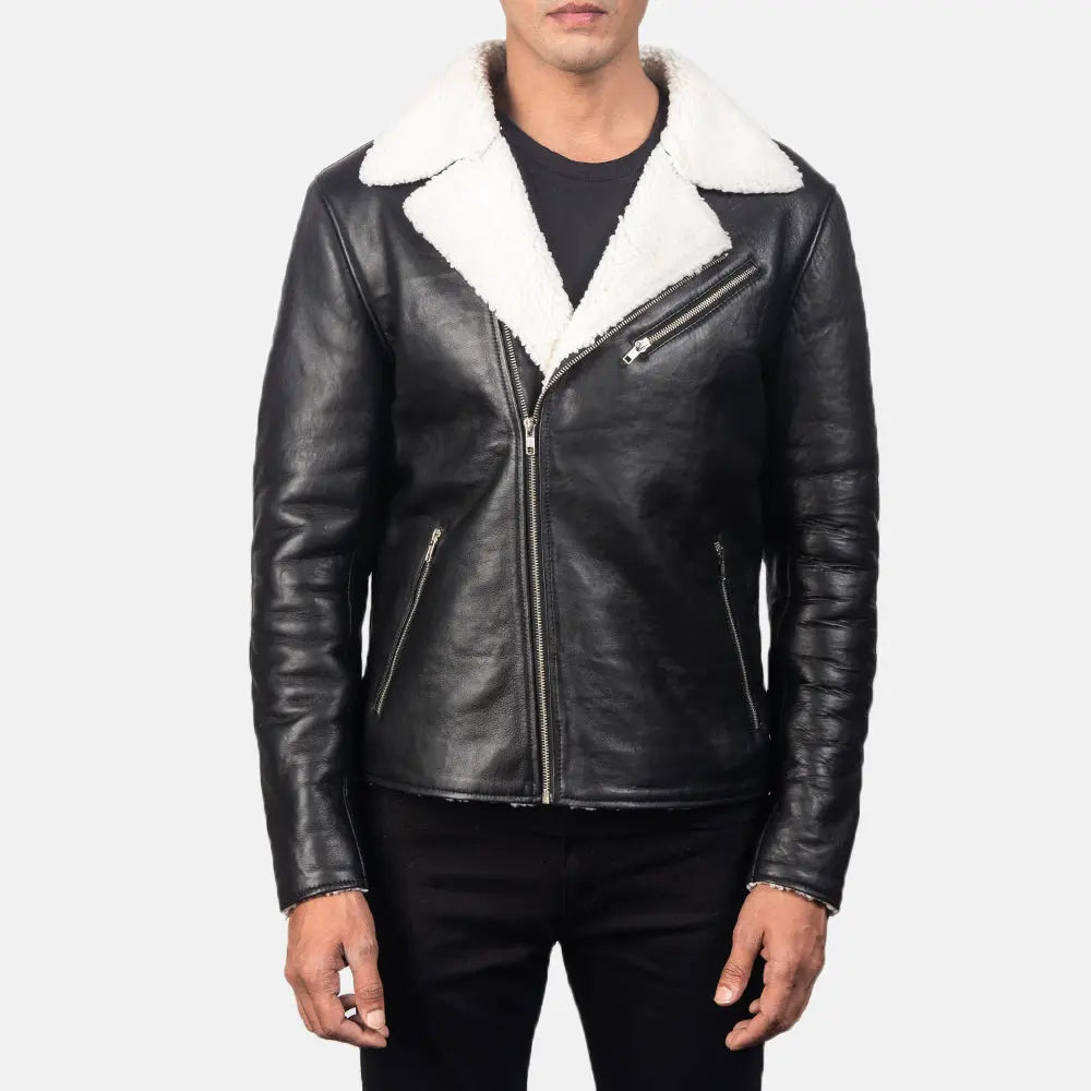 Alberto White Shearling Black Leather Jacket Shopotiny