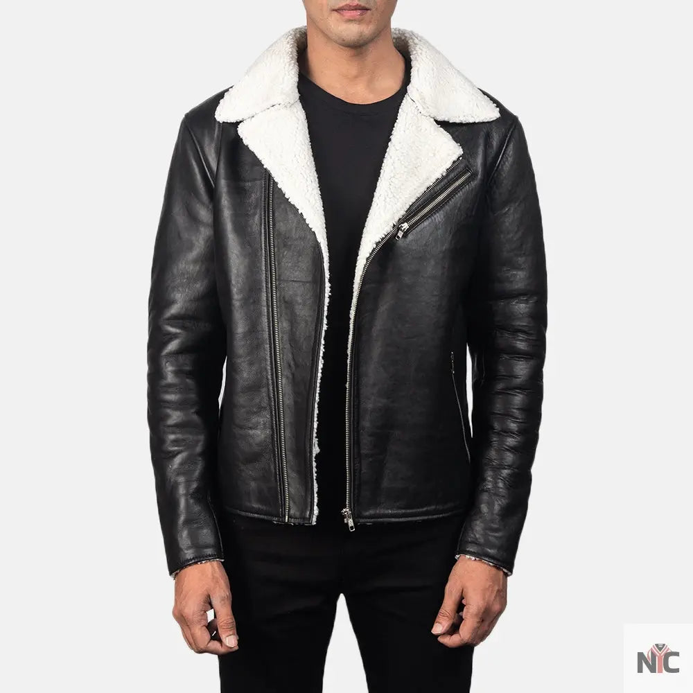 Alberto White Shearling Black Leather Jacket Shopotiny