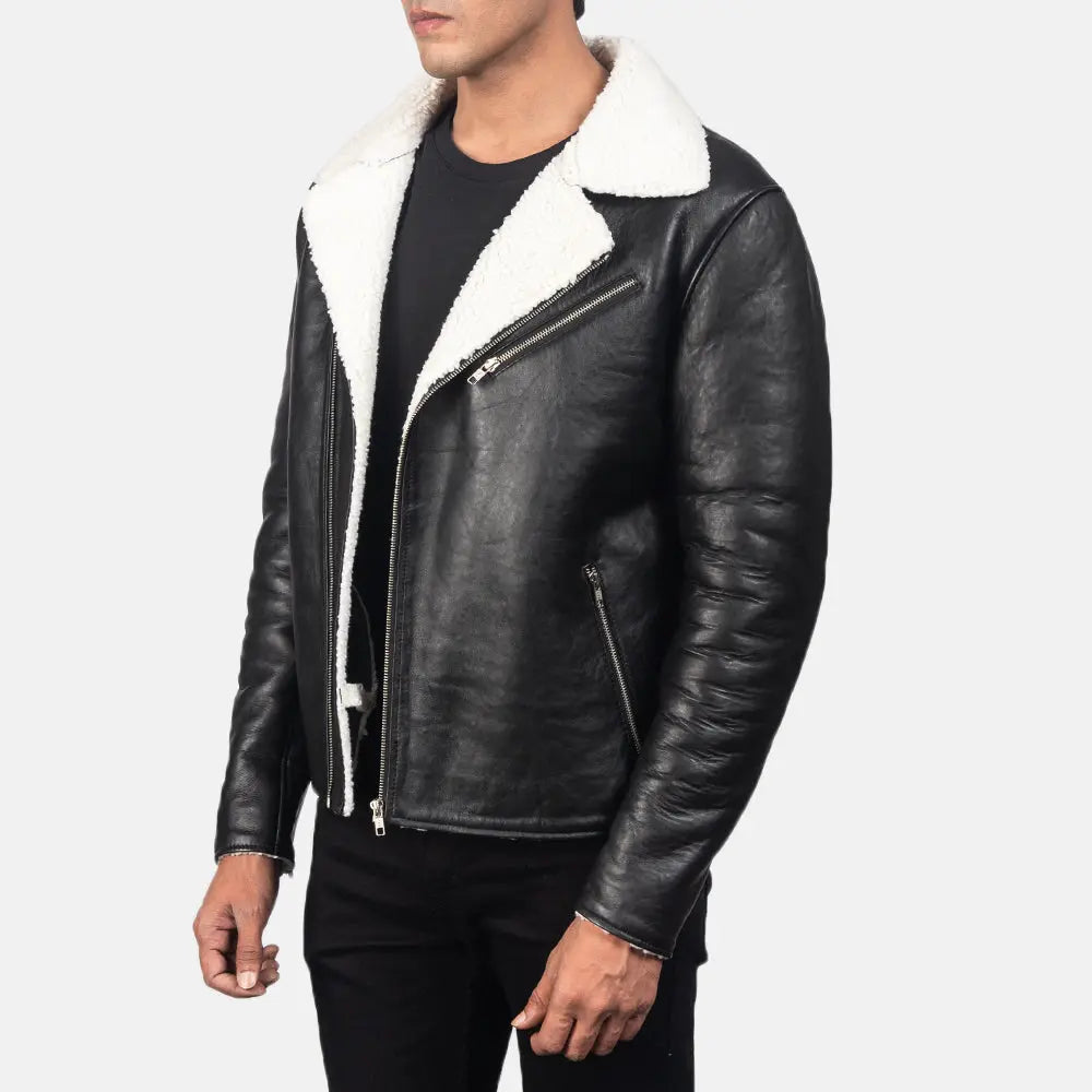 Alberto White Shearling Black Leather Jacket Shopotiny