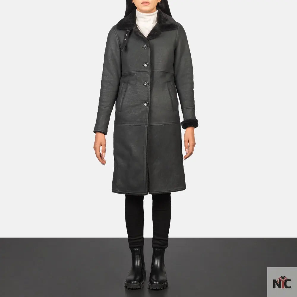 Alina Shearling Black Leather Coat Shopotiny