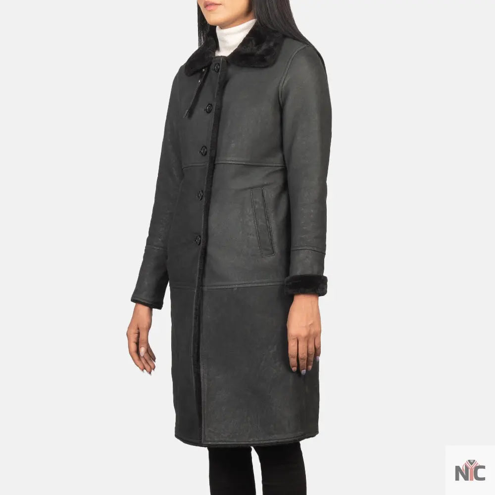 Alina Shearling Black Leather Coat Shopotiny