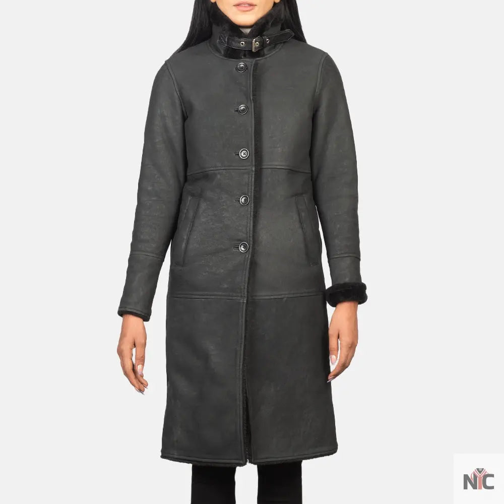 Alina Shearling Black Leather Coat Shopotiny