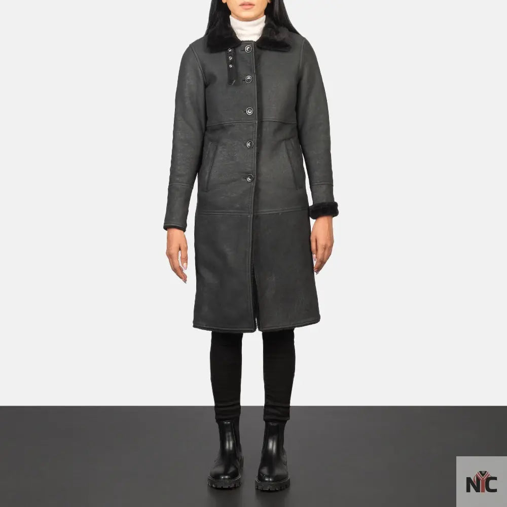 Alina Shearling Black Leather Coat Shopotiny