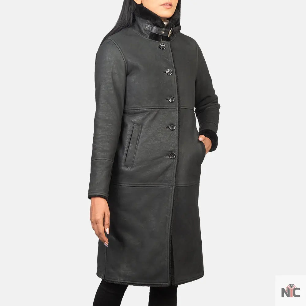 Alina Shearling Black Leather Coat Shopotiny