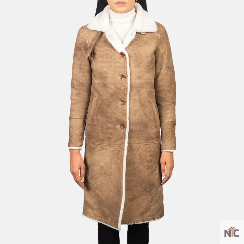 Alina Shearling Brown Leather Coat Shopotiny