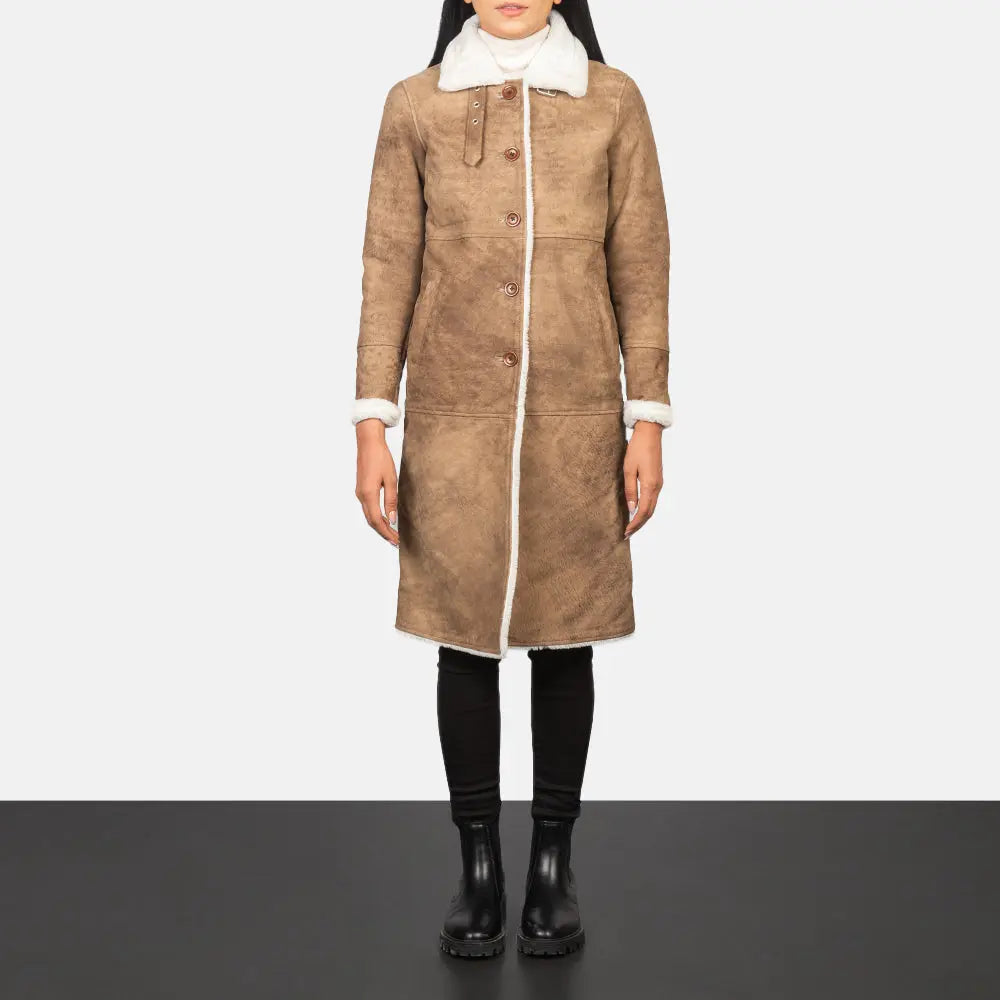 Alina Shearling Brown Leather Coat Shopotiny