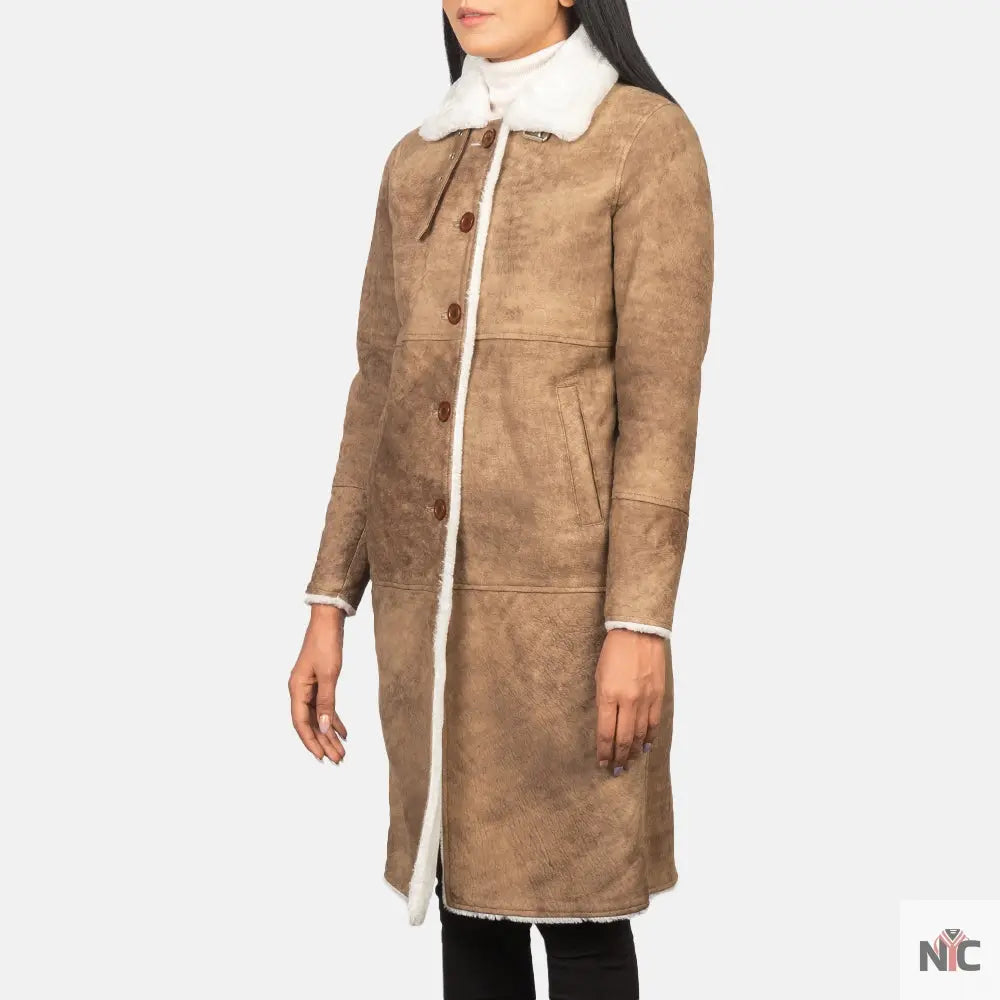 Alina Shearling Brown Leather Coat Shopotiny
