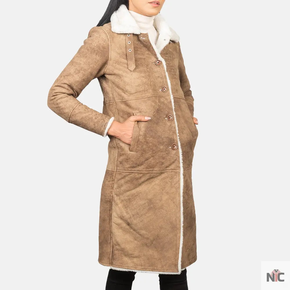 Alina Shearling Brown Leather Coat Shopotiny