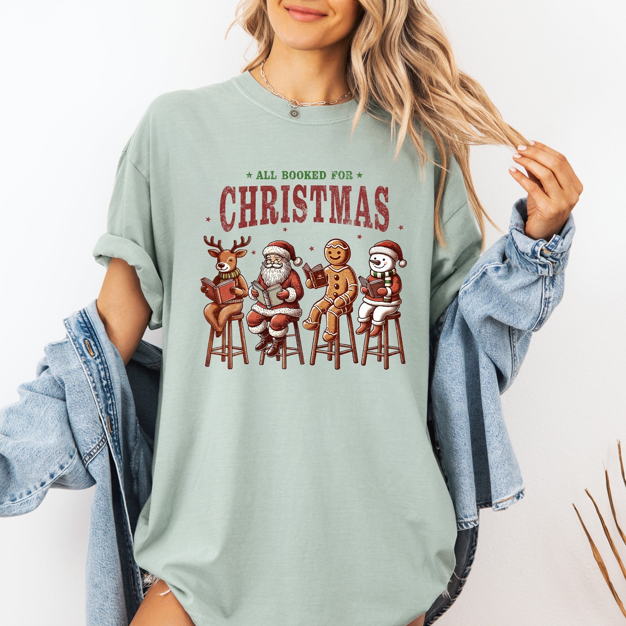 All Booked For Christmas, Reindeer, Santa, Snowman, Teacher, Books Tshirt Comfort Colors T-Shirt