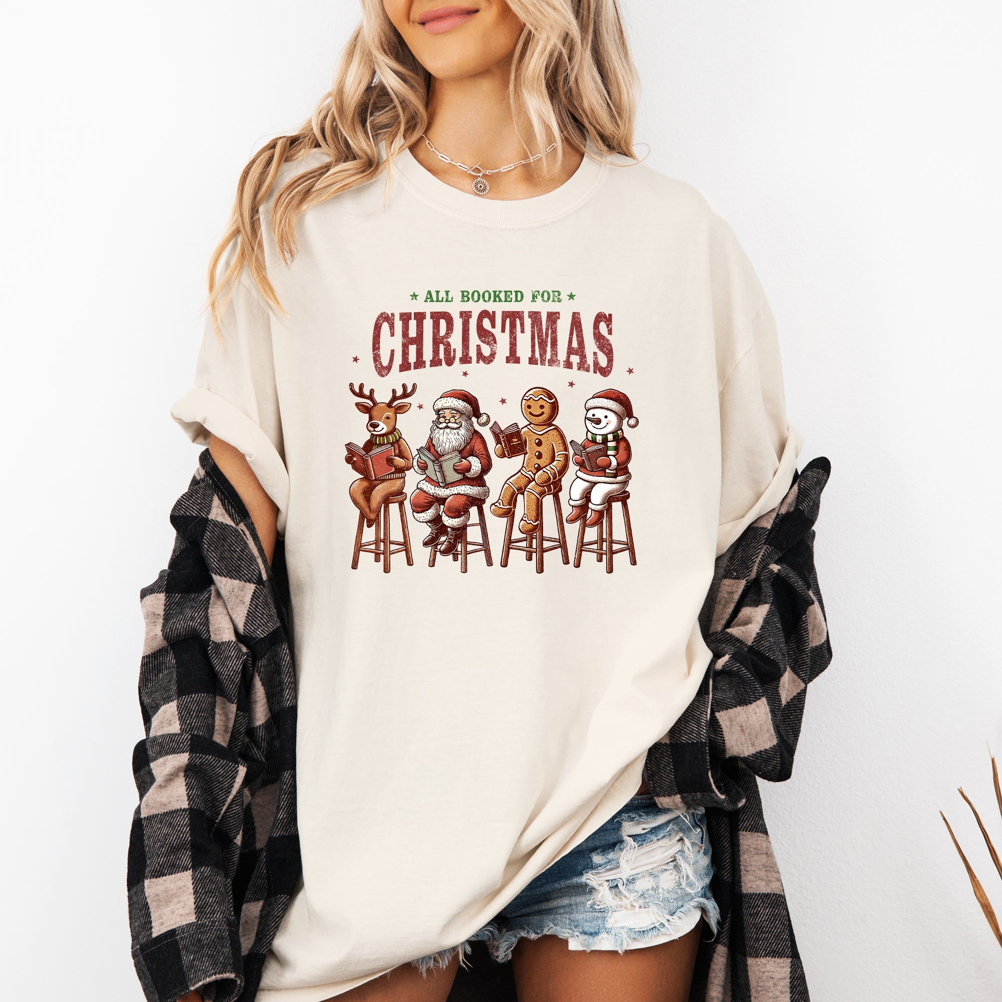 All Booked For Christmas, Reindeer, Santa, Snowman, Teacher, Books Tshirt Comfort Colors T-Shirt