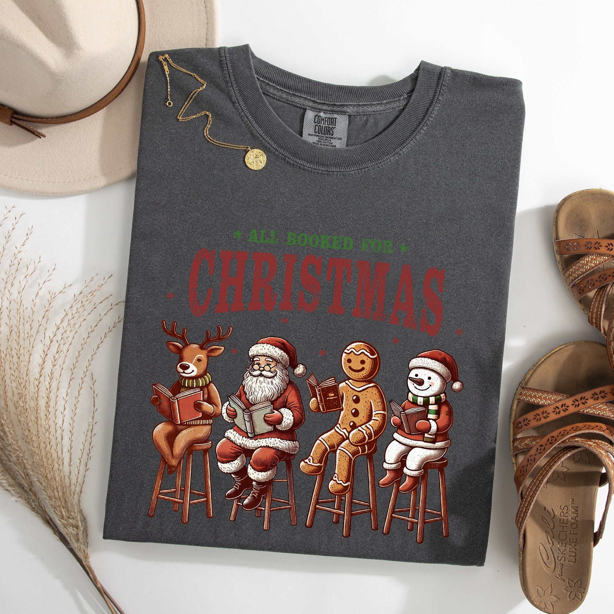 All Booked For Christmas, Reindeer, Santa, Snowman, Teacher, Books Tshirt Comfort Colors T-Shirt