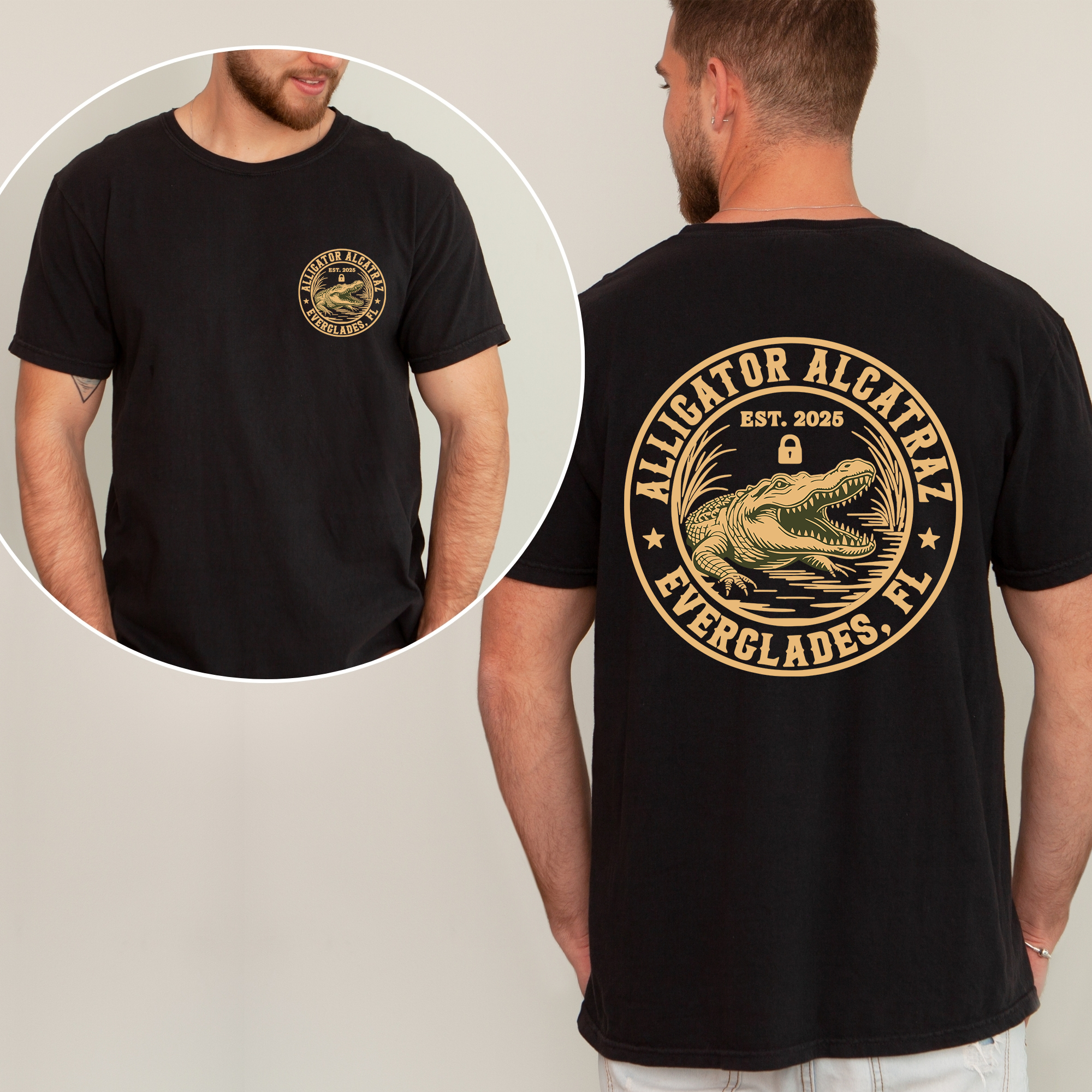 Alligator Alcratraz, ICE, Florida Everglades, Funny Retro T-Shirt MAGA Men's Shirtm, Front and Back