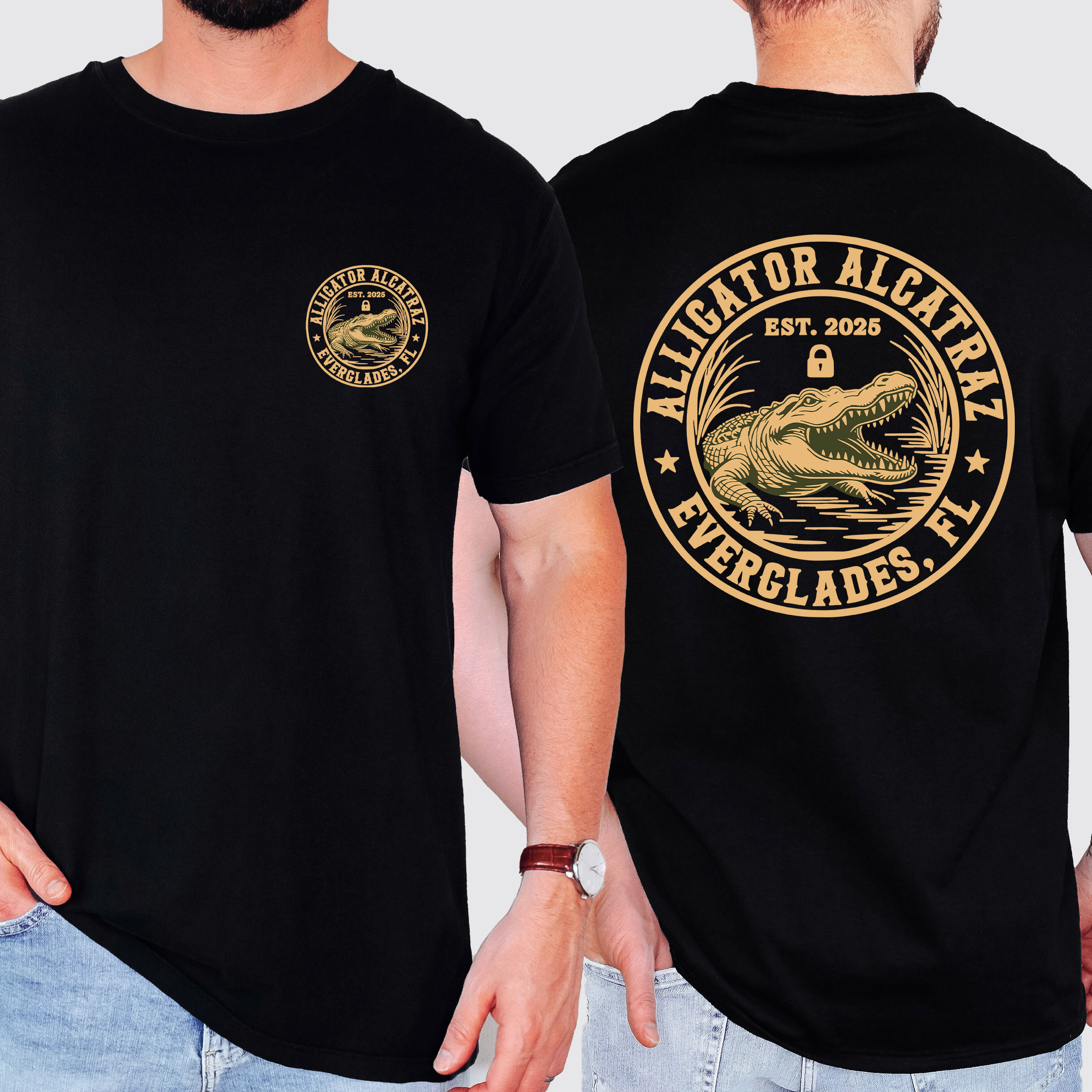 Alligator Alcratraz, ICE, Florida Everglades, Funny Retro T-Shirt MAGA Men's Shirtm, Front and Back