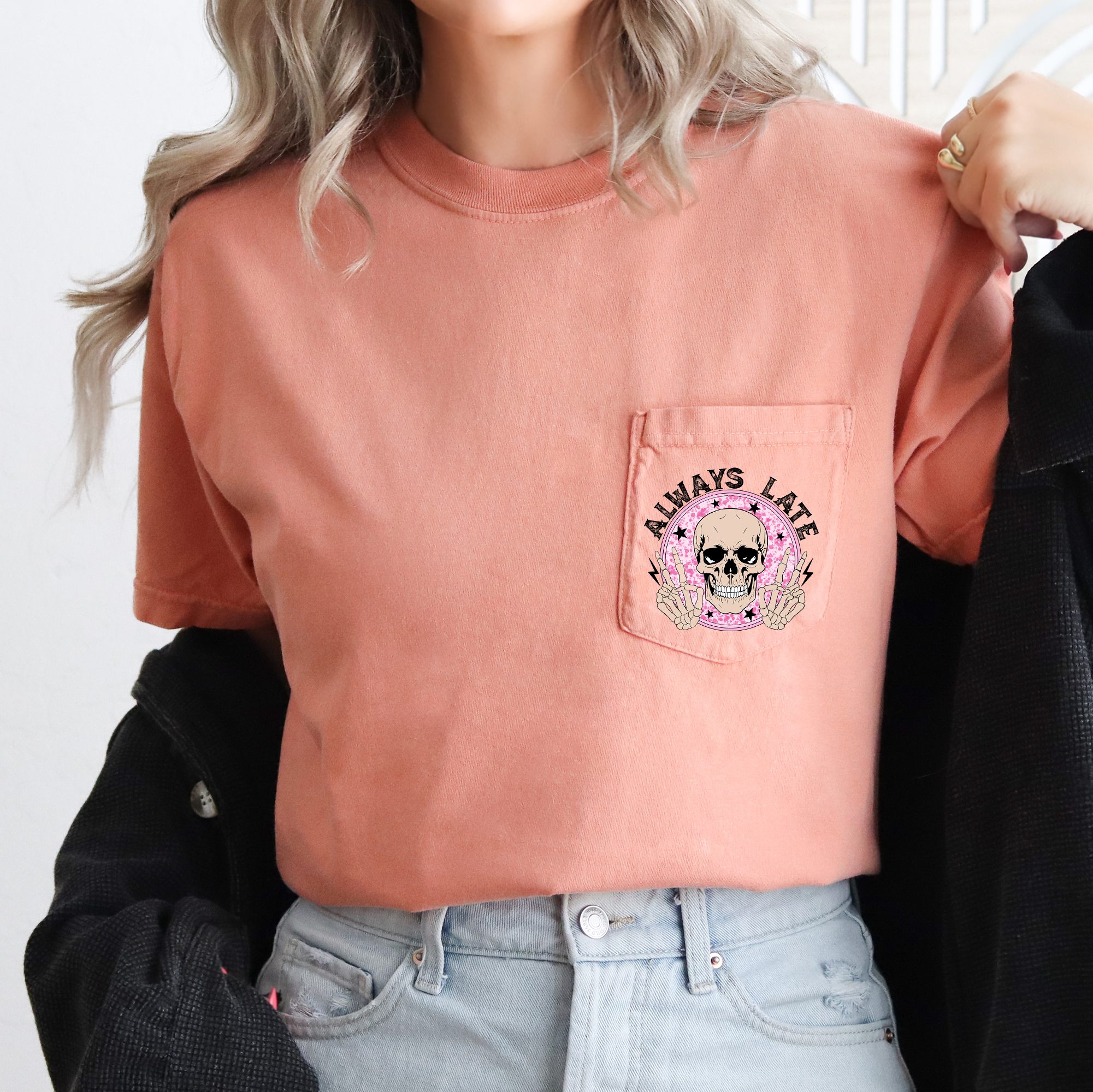 Always Late, Skeleton, Mood, Vibe, Pocket, Comfort Colors Pocket T-Shirt