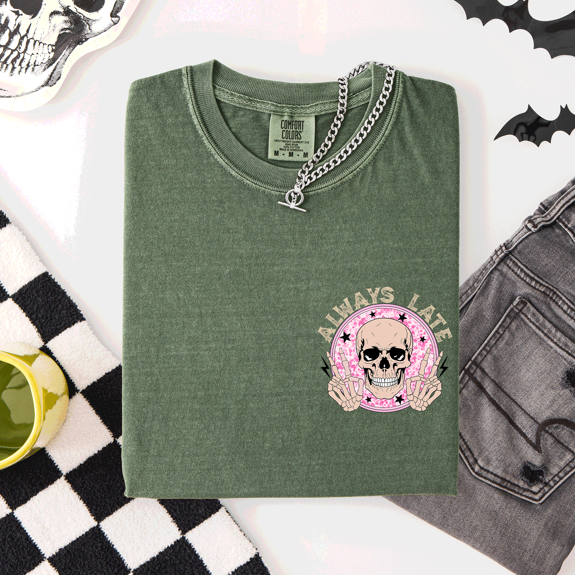 Always Late, Skeleton, Mood, Vibe, Pocket, Comfort Colors T-Shirt