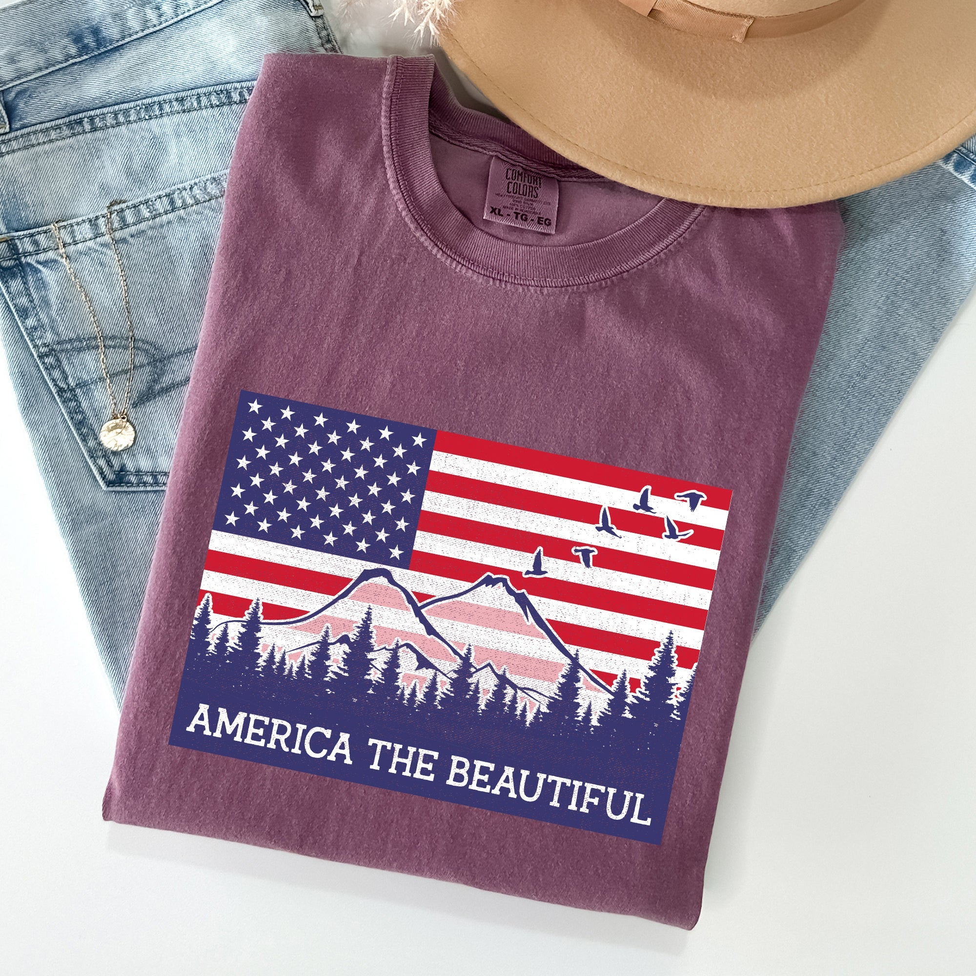 America The Beautiful, Flag, Mountains, Patriotic Tshirt Comfort Colors T-Shirt
