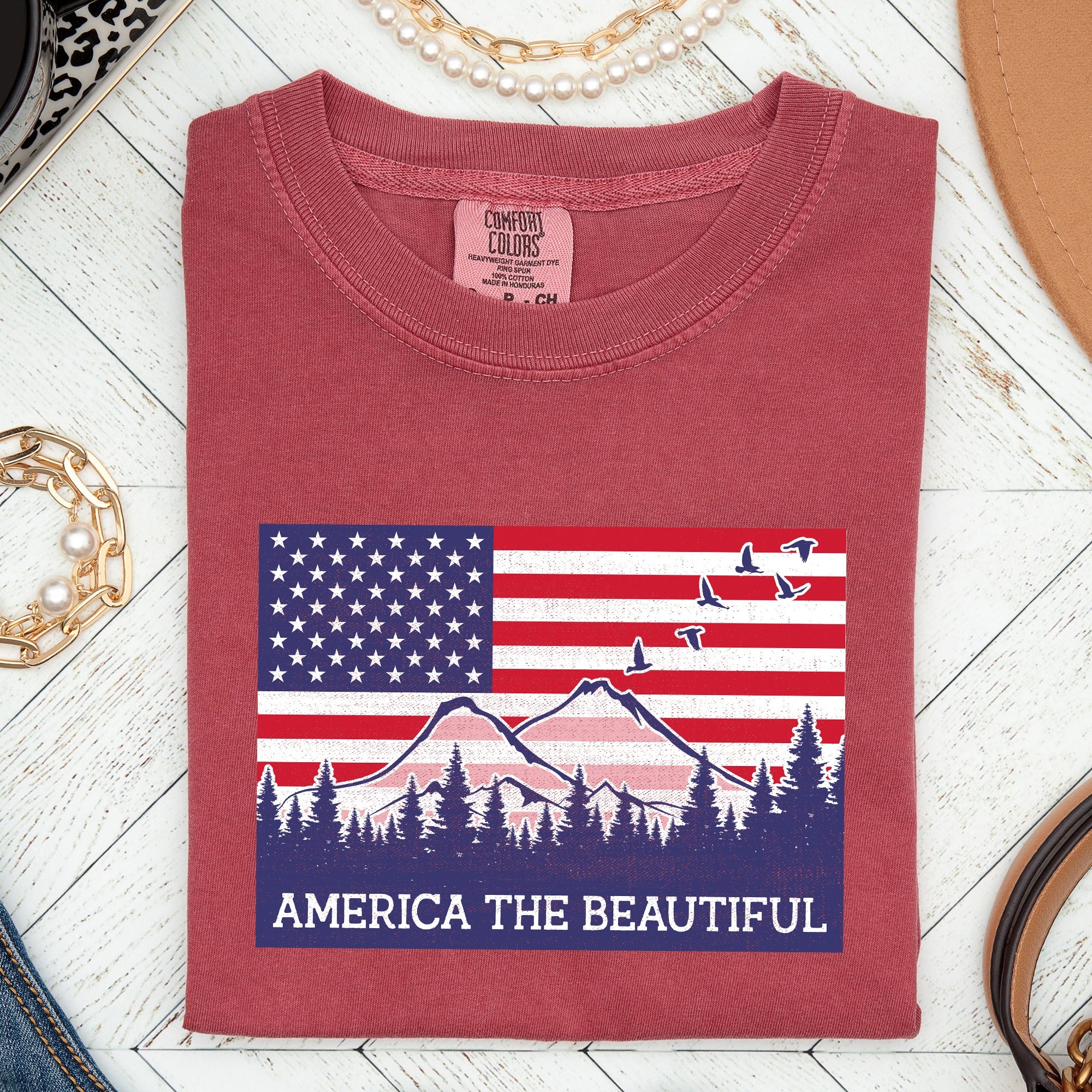 America The Beautiful, Flag, Mountains, Patriotic Tshirt Comfort Colors T-Shirt