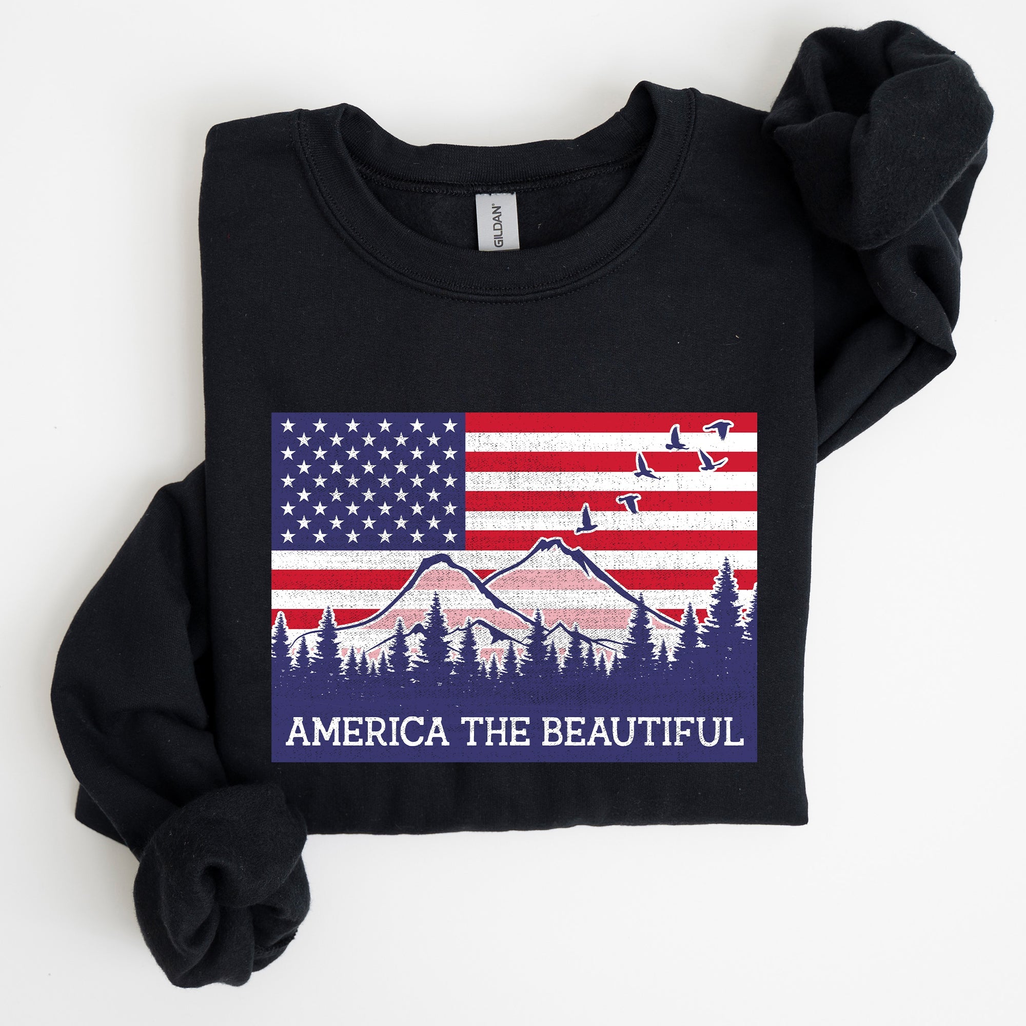America The Beautiful, Flag, Mountains, Patriotic Sweatshirt