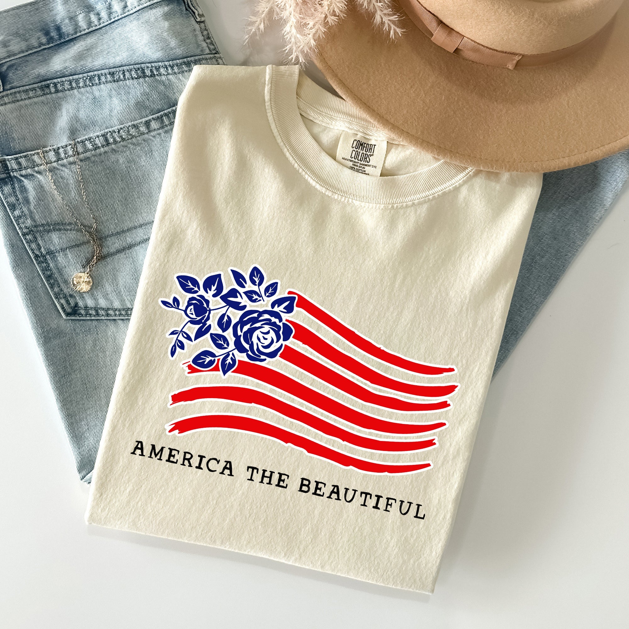 America The Beautiful, Flower Flag, Patriotic Tshirt Comfort Colors T-Shirt