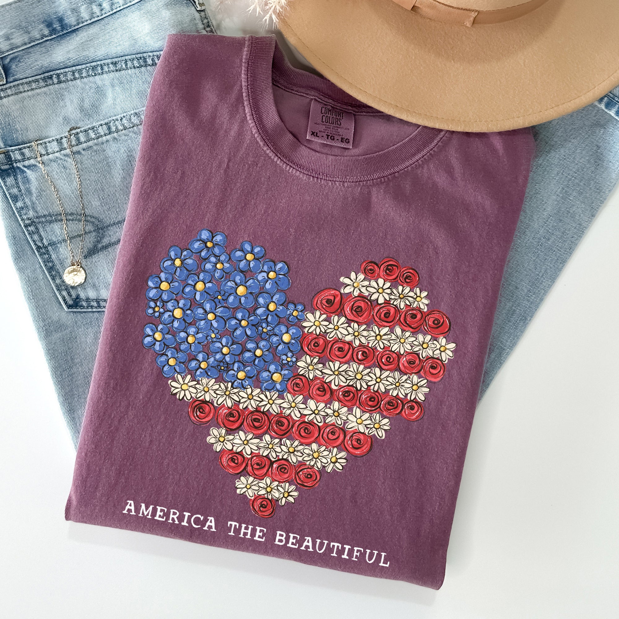 America The Beautiful, Flowers, Heart Flag, Patriotic Tshirt Comfort Colors T-Shirt