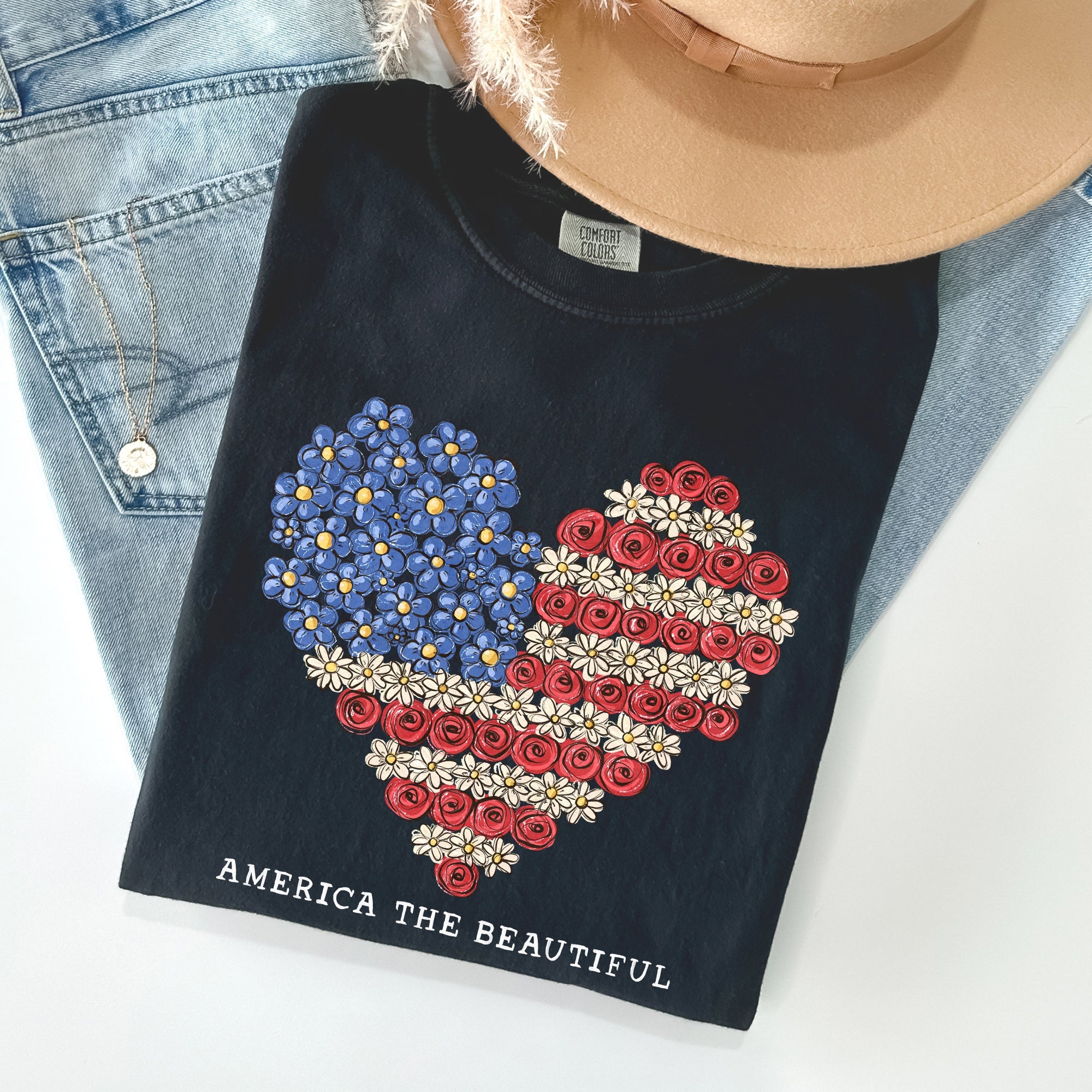 America The Beautiful, Flowers, Heart Flag, Patriotic Tshirt Comfort Colors T-Shirt