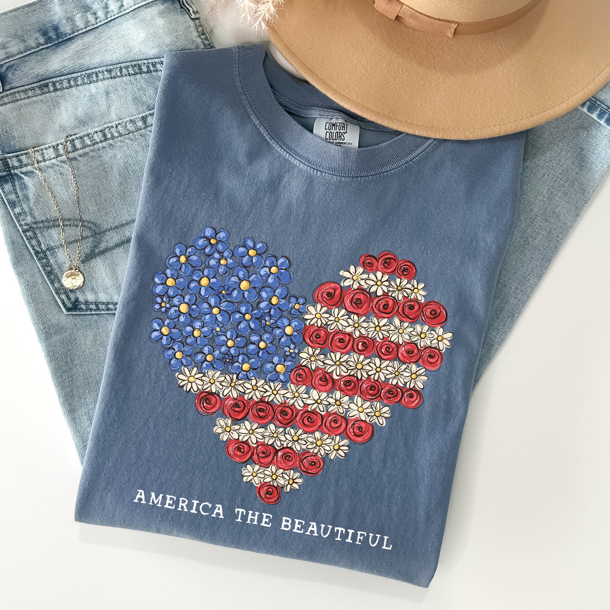 America The Beautiful, Flowers, Heart Flag, Patriotic Tshirt Comfort Colors T-Shirt