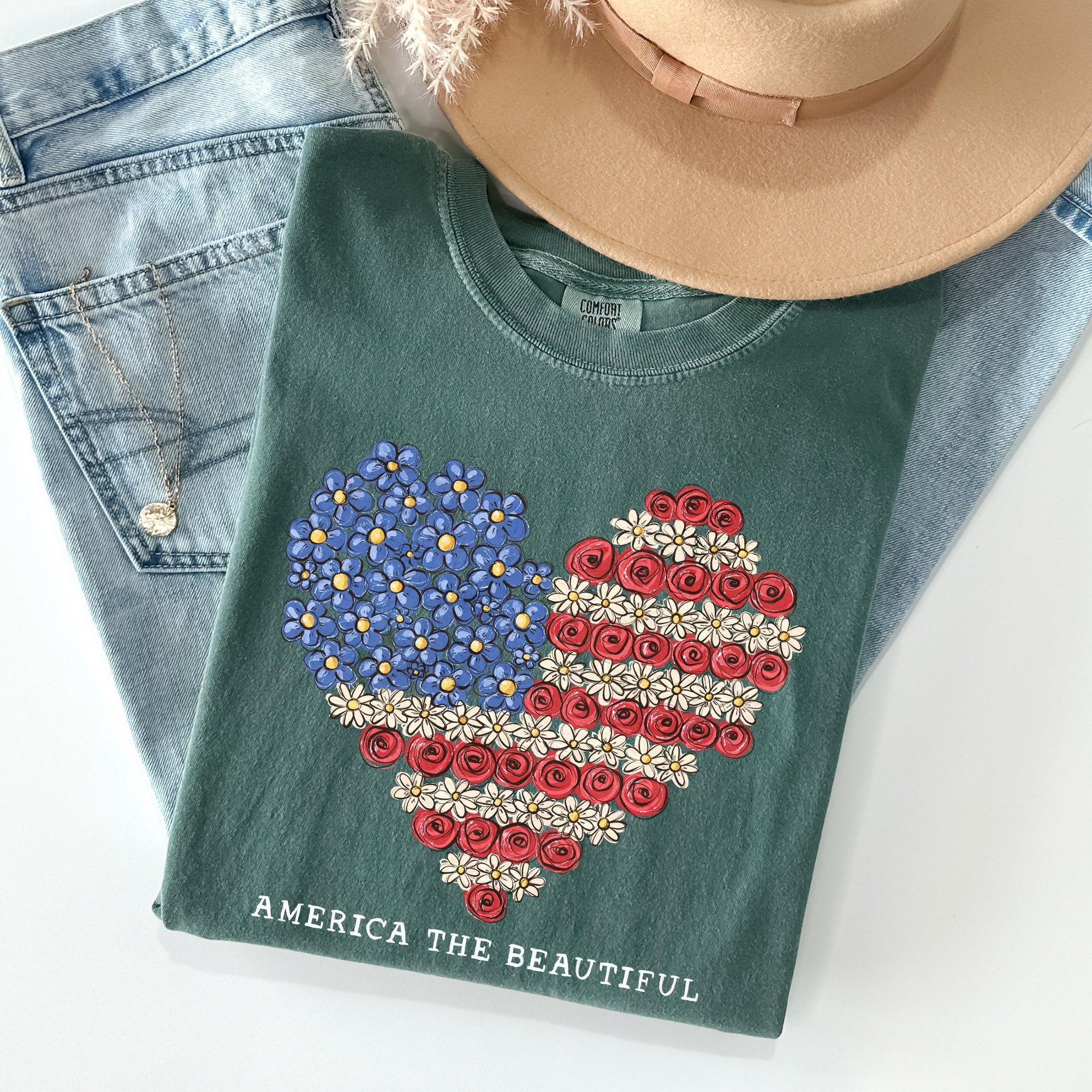 America The Beautiful, Flowers, Heart Flag, Patriotic Tshirt Comfort Colors T-Shirt