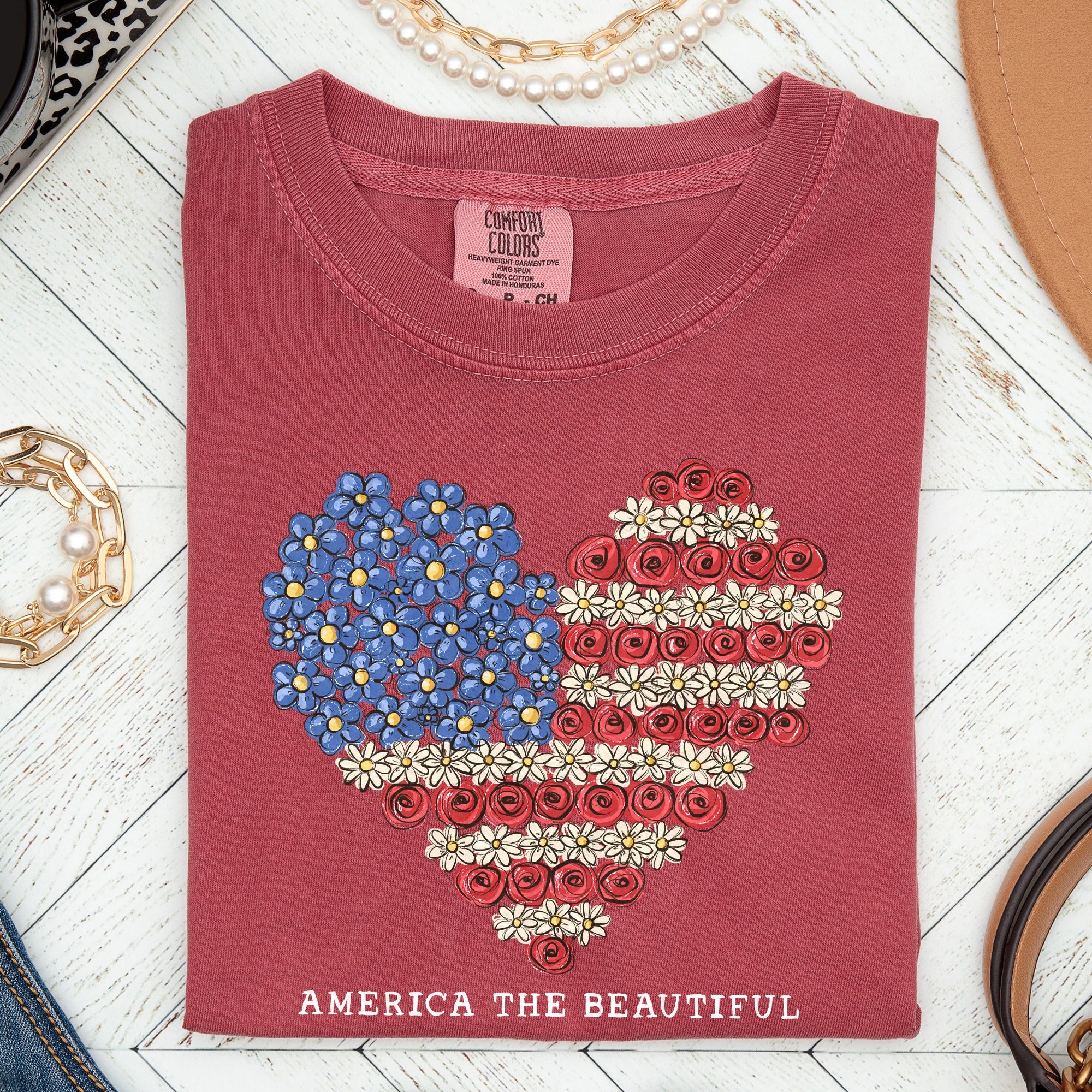 America The Beautiful, Flowers, Heart Flag, Patriotic Tshirt Comfort Colors T-Shirt