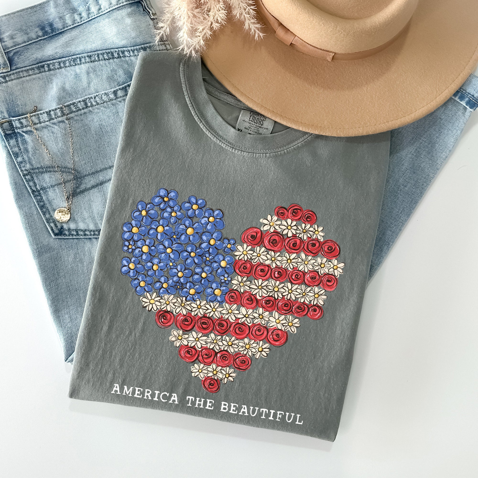 America The Beautiful, Flowers, Heart Flag, Patriotic Tshirt Comfort Colors T-Shirt