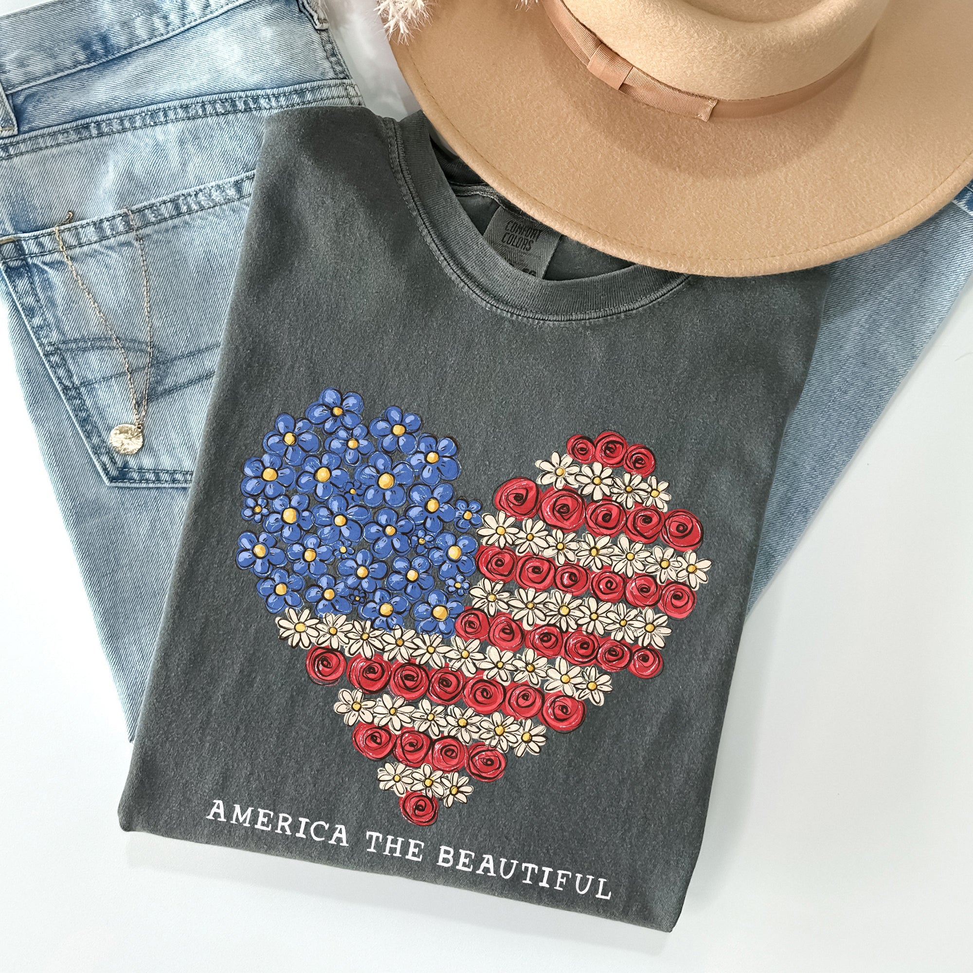 America The Beautiful, Flowers, Heart Flag, Patriotic Tshirt Comfort Colors T-Shirt