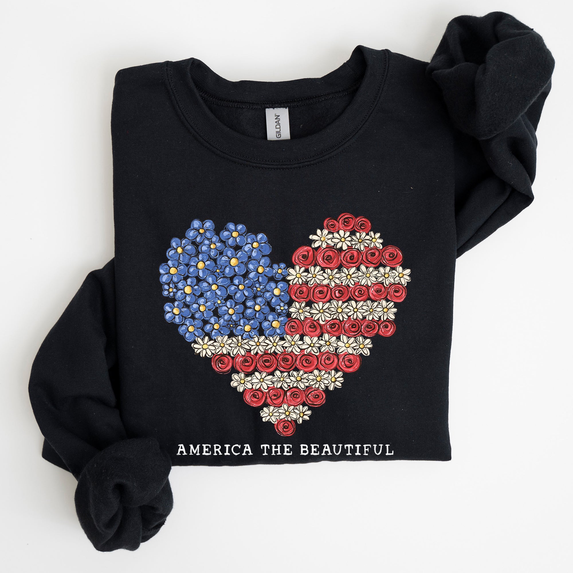 America The Beautiful, Flowers, Heart Flag, Sweatshirt