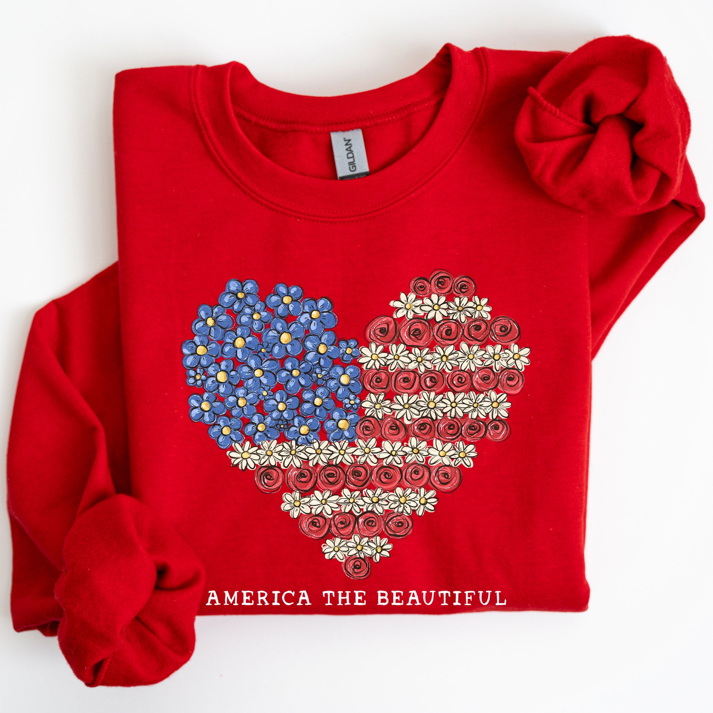 America The Beautiful, Flowers, Heart Flag, Sweatshirt