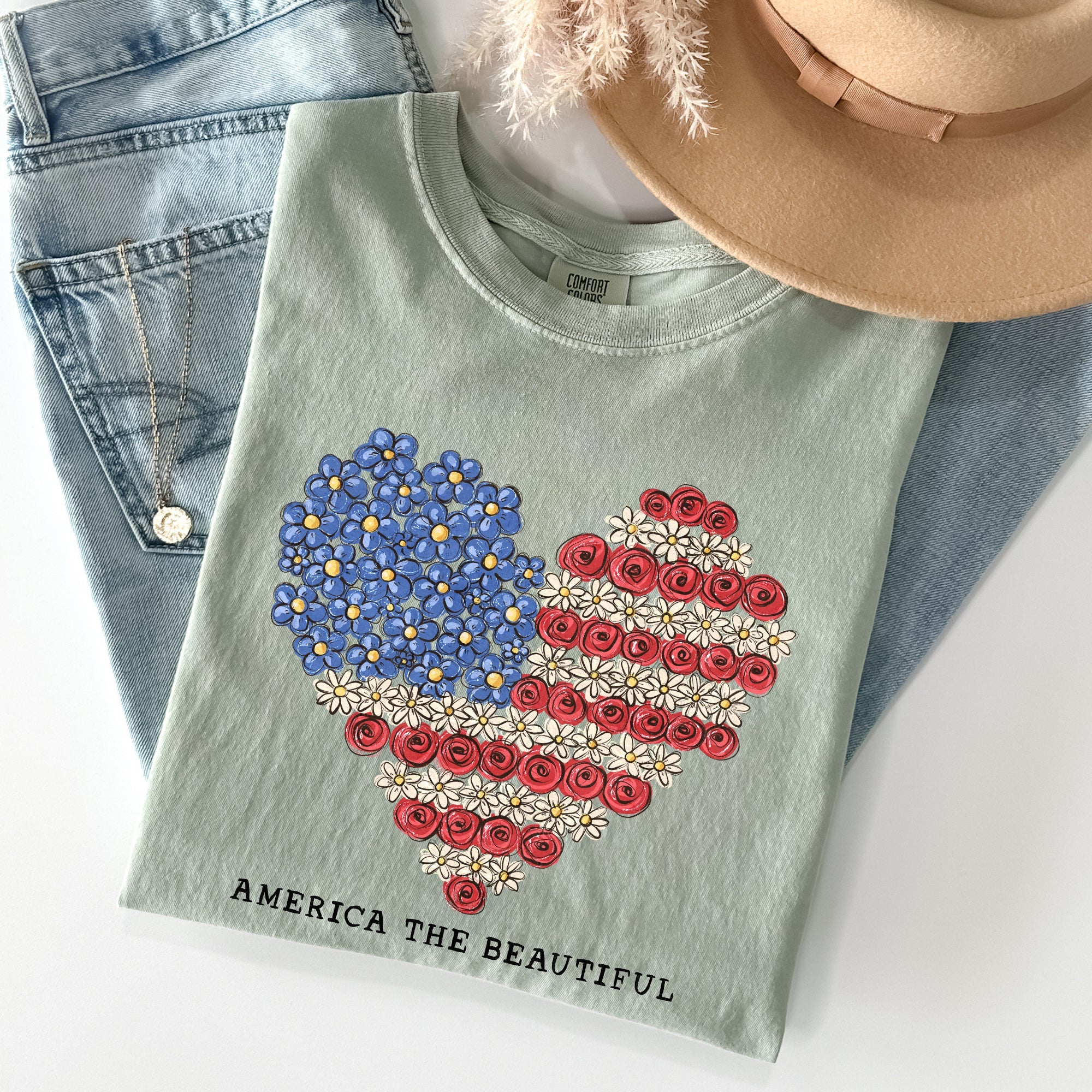 America The Beautiful, Flowers, Heart Flag, Patriotic Tshirt Comfort Colors T-Shirt