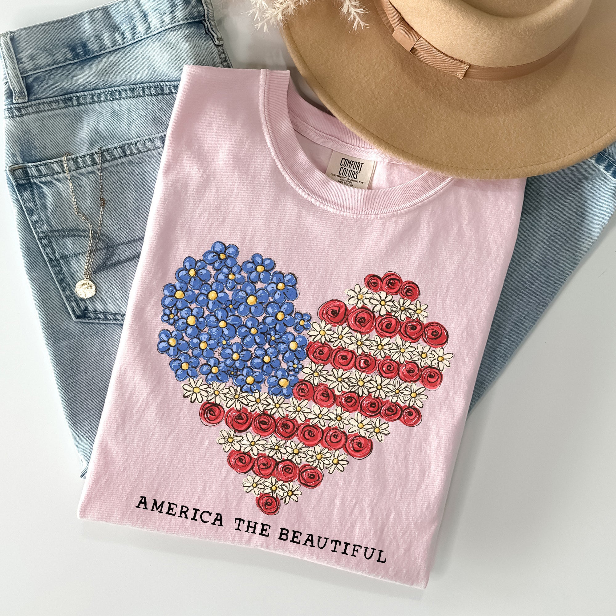 America The Beautiful, Flowers, Heart Flag, Patriotic Tshirt Comfort Colors T-Shirt