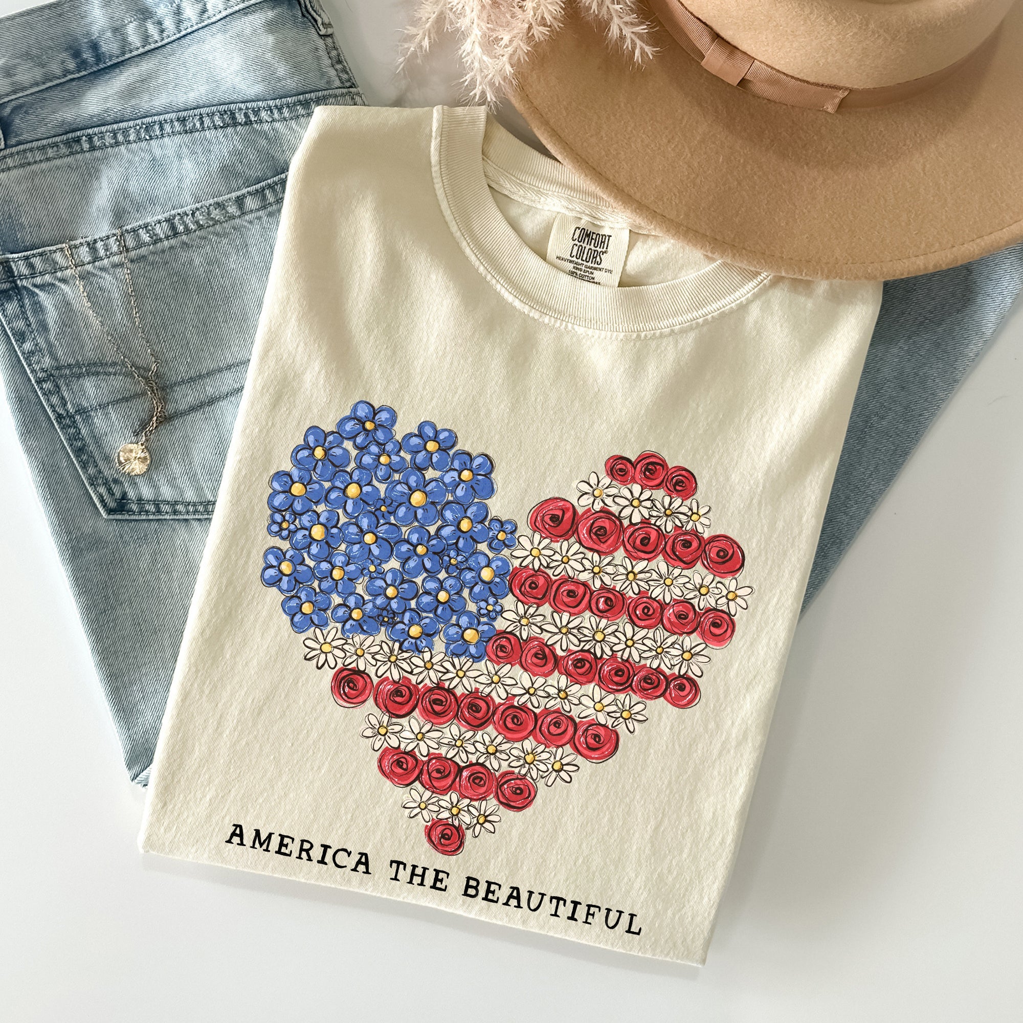 America The Beautiful, Flowers, Heart Flag, Patriotic Tshirt Comfort Colors T-Shirt