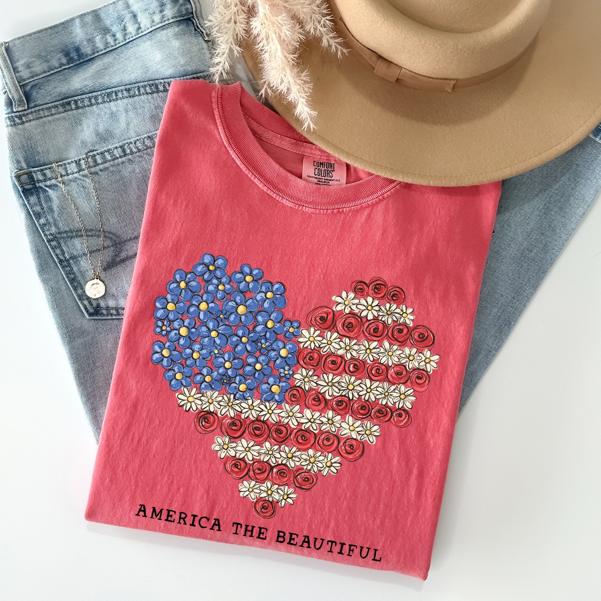 America The Beautiful, Flowers, Heart Flag, Patriotic Tshirt Comfort Colors T-Shirt