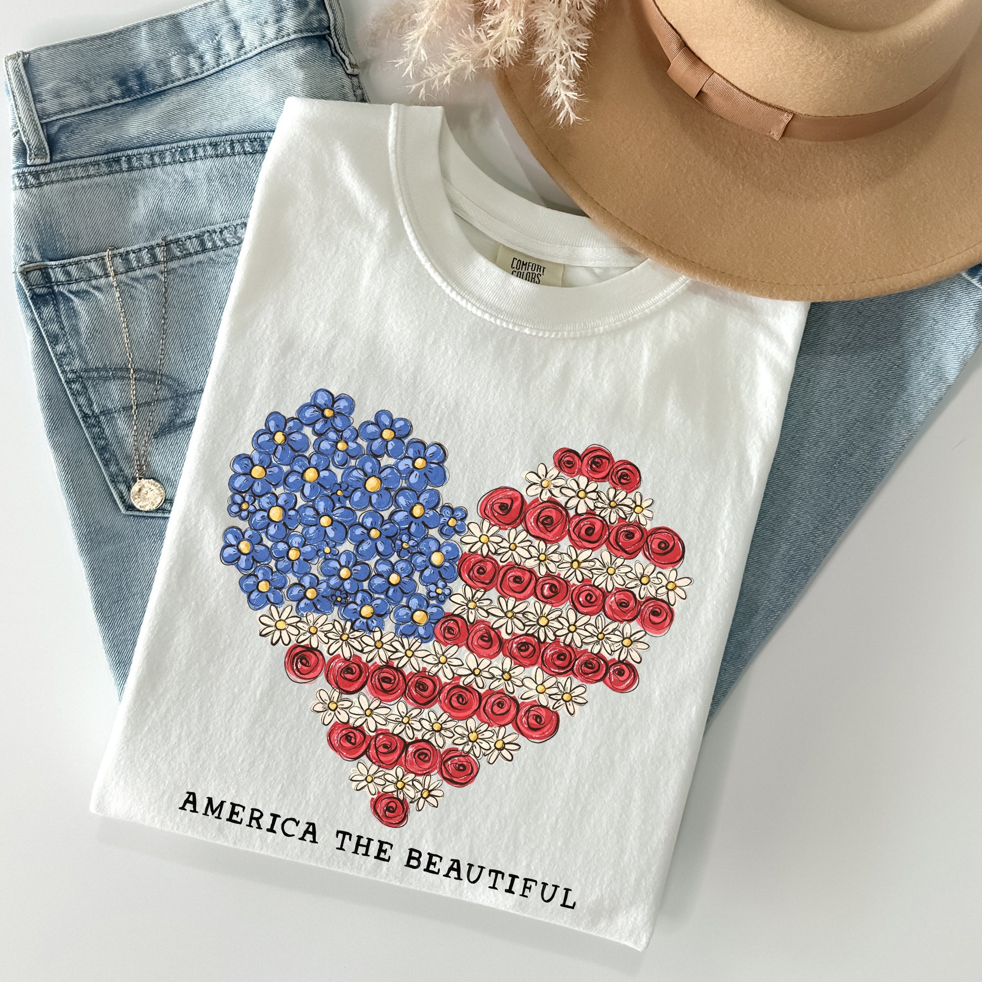 America The Beautiful, Flowers, Heart Flag, Patriotic Tshirt Comfort Colors T-Shirt