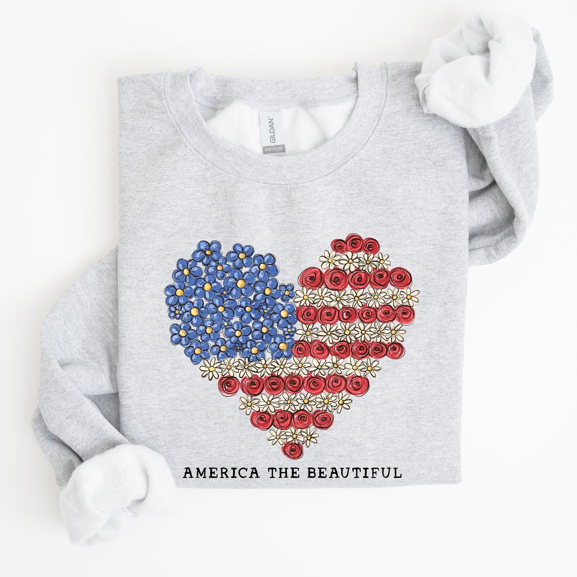 America The Beautiful, Flowers, Heart Flag, Sweatshirt