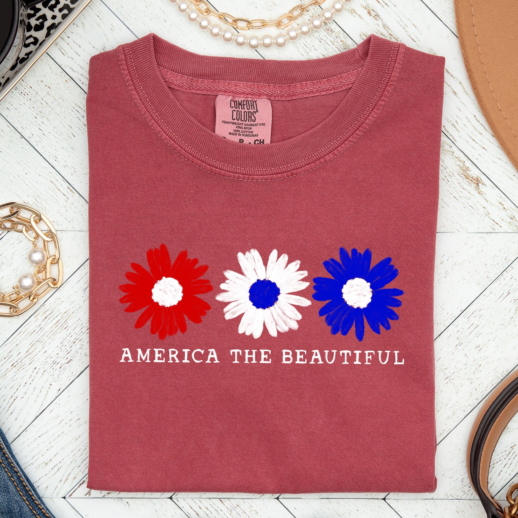 America The Beautiful, Flowers, Red White Blue Tshirt Comfort Colors T-Shirt